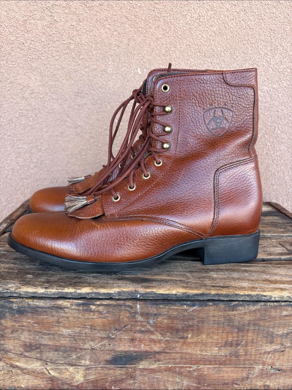 Vintage Ariat Brown Leather Kiltie Lace Up Roper Boot